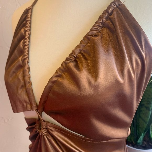 Copper Brown Shiny Body Control Halter Cocktail Mini Dress NWT - Picture 7 of 11